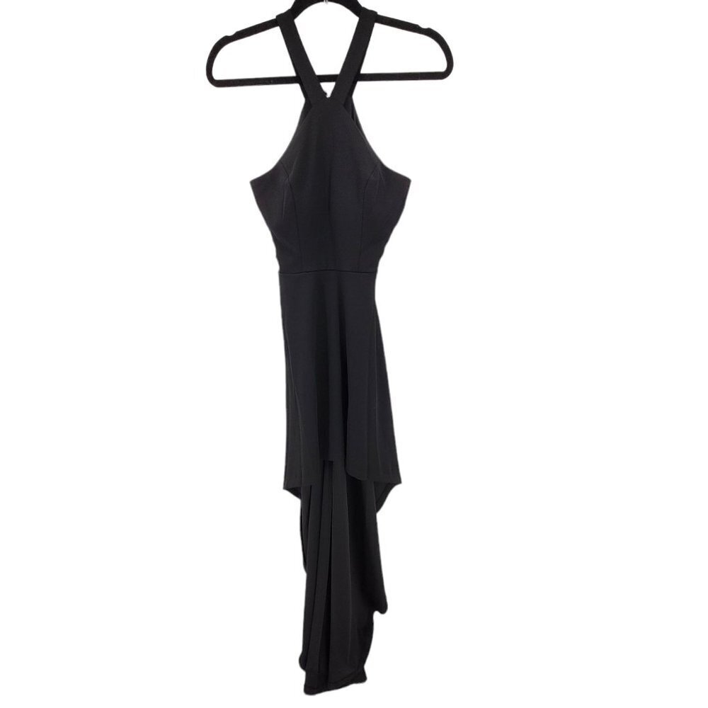 Speechless Womens 3 Juniors black side rhinestone cut out high low halter dress
